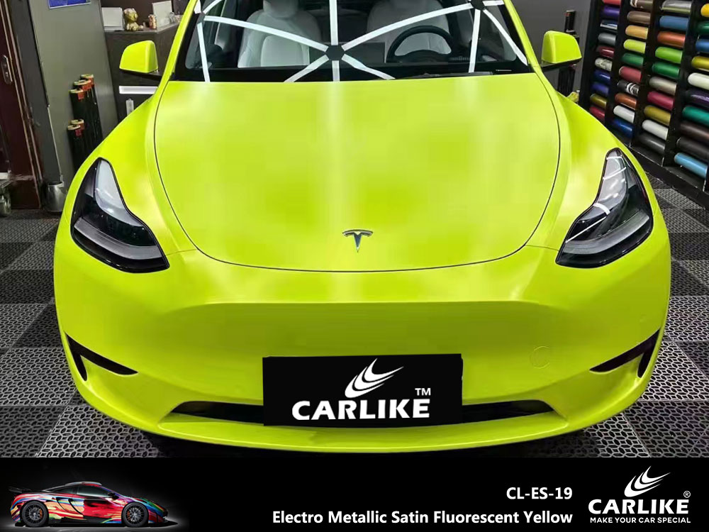 CL-ES-19 Electro Metallic Satin Fluorescent Yellow Vinyl For Tesla Car Wrap Factory Supplier